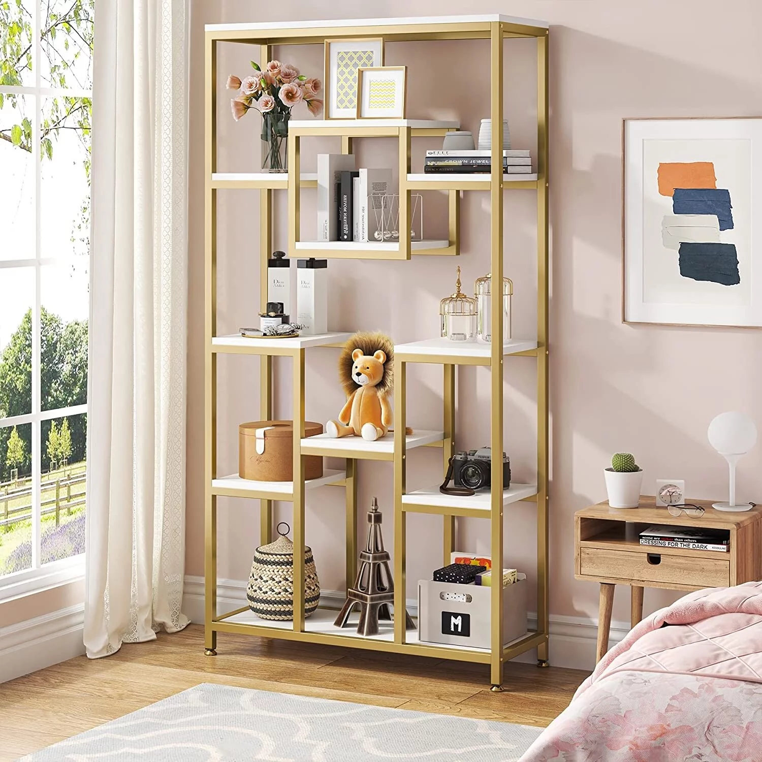 Lee 71 Inch Tall Bookshelf, Freestanding Geometric Bookcase, White and Gold - Curated Treasures Market