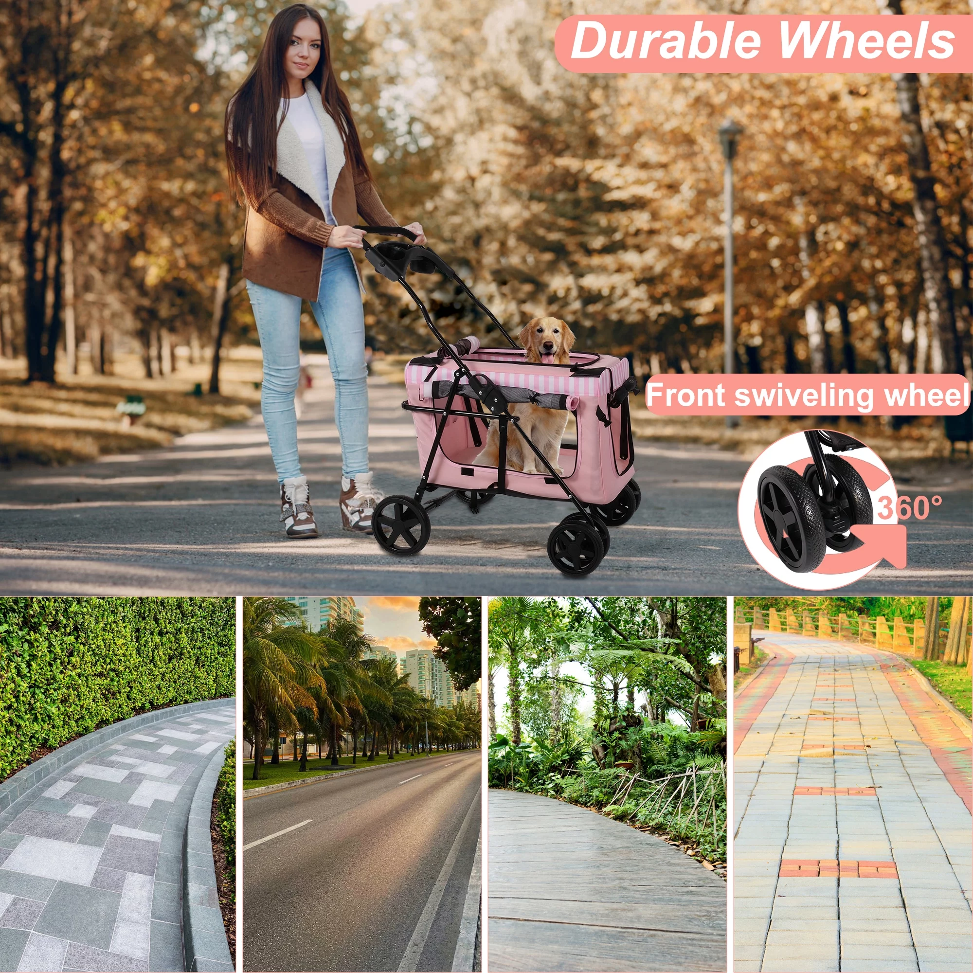 3-in-1 Folding Pet Dog Stroller, 4-Wheel Travel Dog Stroller with Water Cup Holder and Detachable Carrier Bag, Jogger with Pet Cat Kitten Puppy Carriages, Pink - Curated Treasures Market