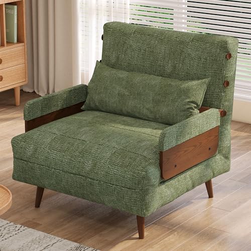 3-in-1 Convertible Chair Bed Sleeper for Adults, Linen Convertable Sleeper Chair with Wooden Arms & Pillows, Foldable Single Futon Sofa Bed (Mid Century with Walnut Arm, 36.6" Wide)