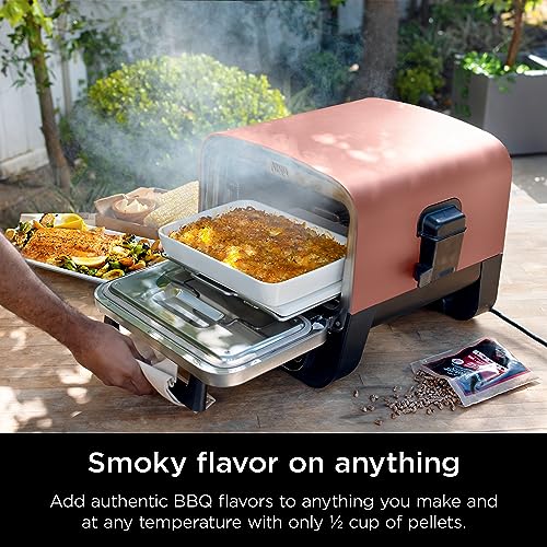 Ninja Woodfire Pizza Oven, 8-in-1 outdoor oven, 5 Pizza Settings, Ninja Woodfire Technology, 700°F high heat, BBQ smoker, wood pellets, pizza stone, electric heat, portable, terracotta red, OO101