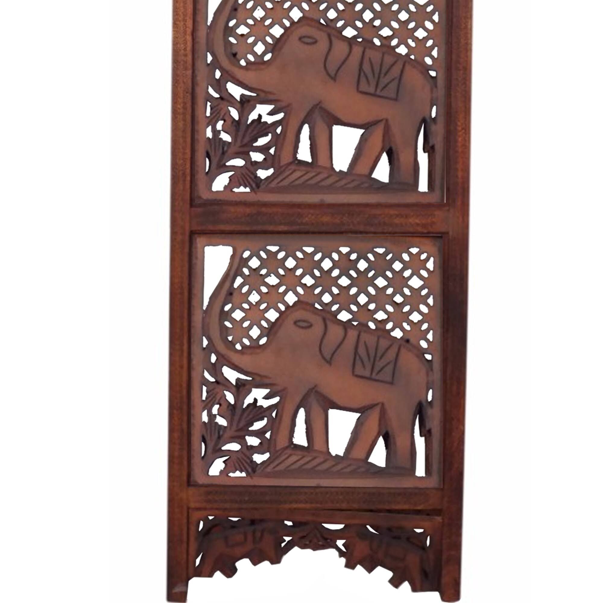 Benzara Hand Carved Elephant Design Foldable 4 Panel Wooden Room Divider, Brown