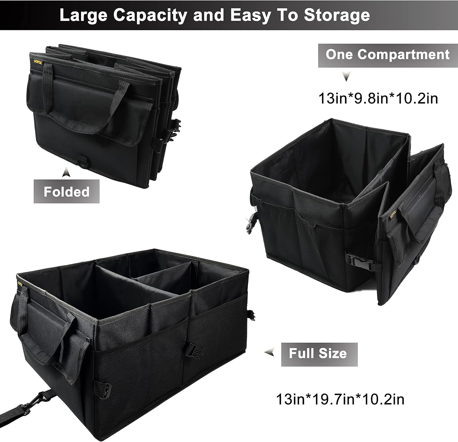 VOPQL Trunk Organizer and Storage - Collapsible Portable Trunk Organizer, Multi-Compartment Automotive Consoles & Organizers, Durable Foldable Cargo Storage Box for All auto, SUV, Truck, Minivan