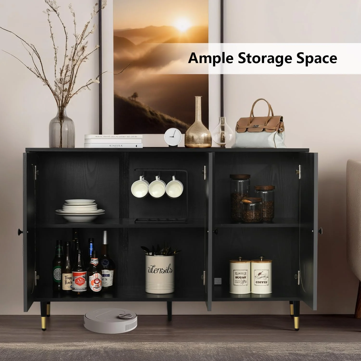 Catrimown Buffet Cabinet, Rattan Sideboard Storage Cabinet, Credenzas and Sideboards Cabinet Accent Cabinet for Living Room, Black