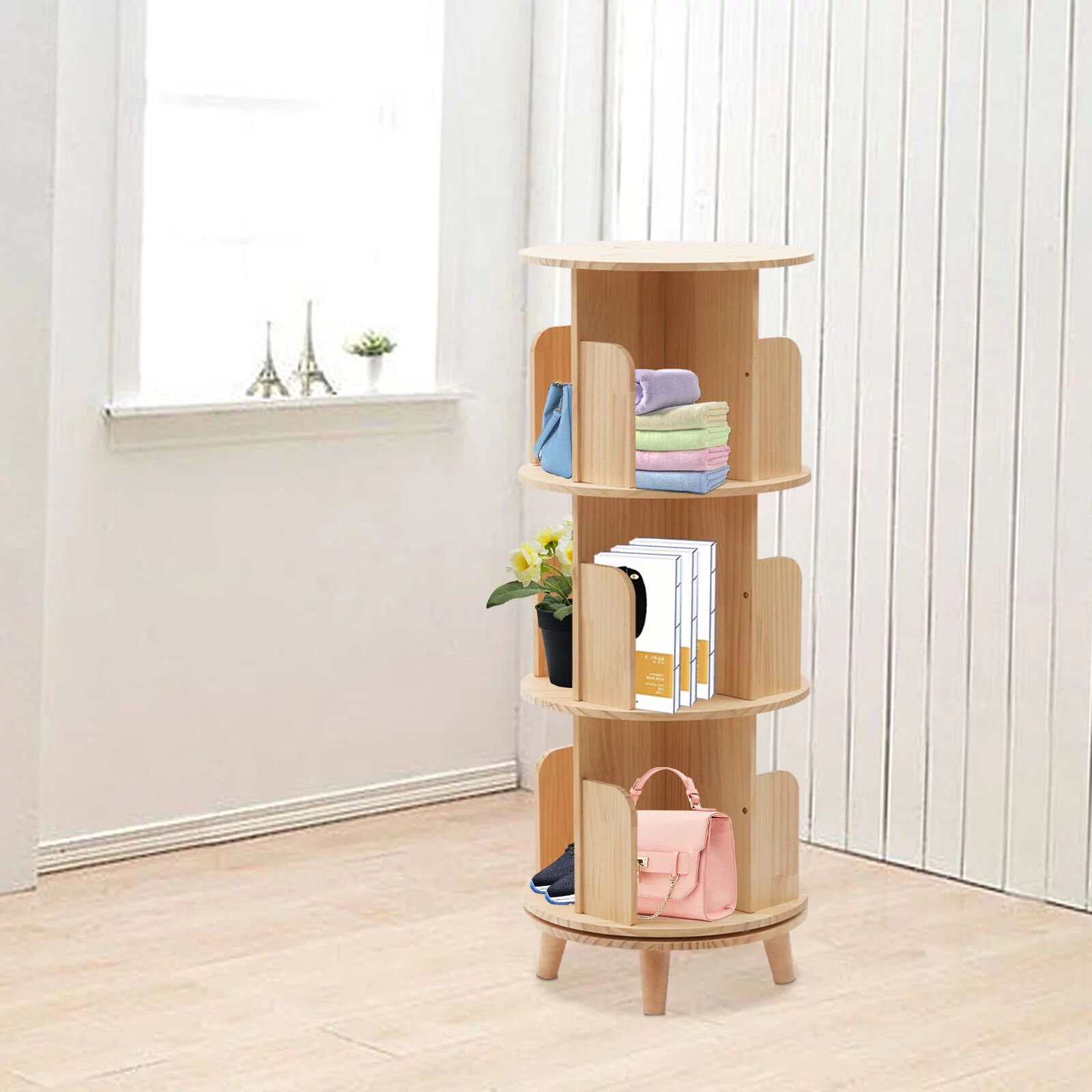 3 Tiers 360° Rotating Bookshelf Wood Bookcase Storage Shelf Freestanding Display Rack - Curated Treasures Market