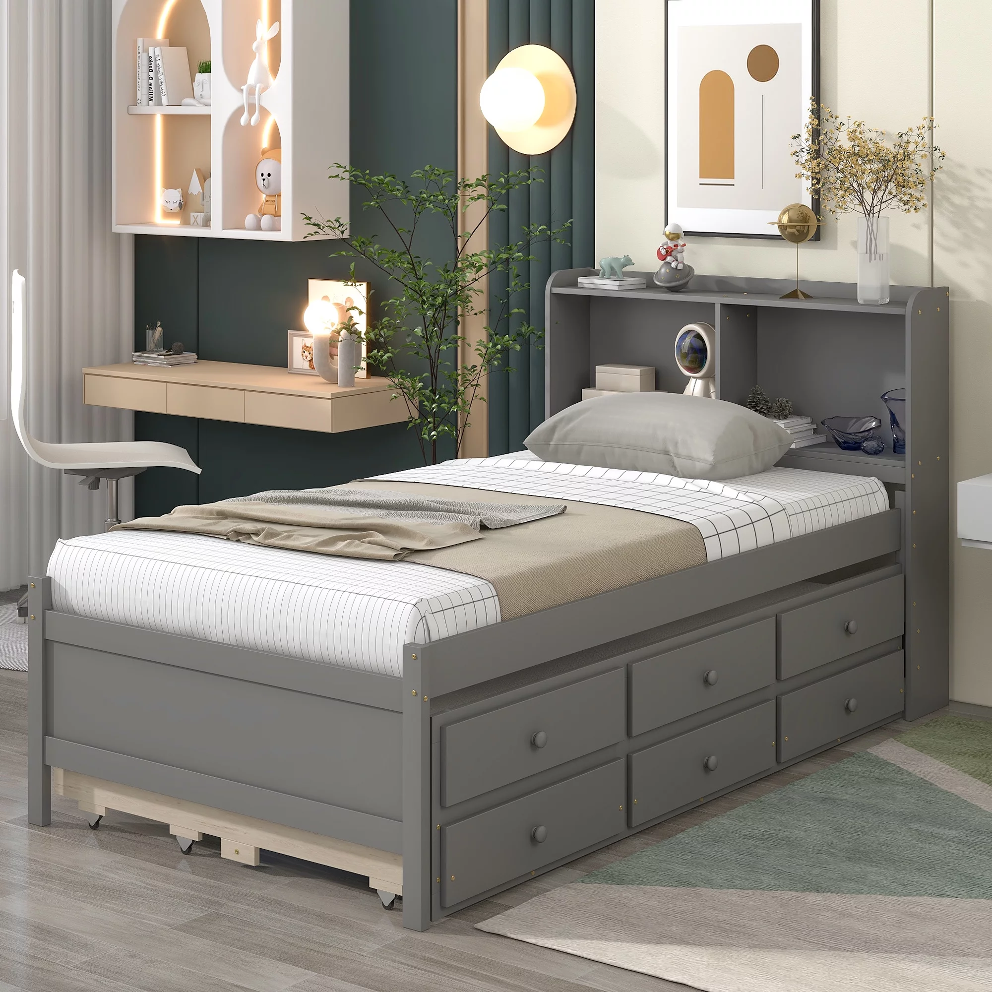 Twin Bed Frame with Bookcase Headboard,Wooden Twin Size Platform Bed with Trundle and 3 Storage Drawers,Twin Storage Bed for Kids Girls Boys,No Box Spring Needed,Grey