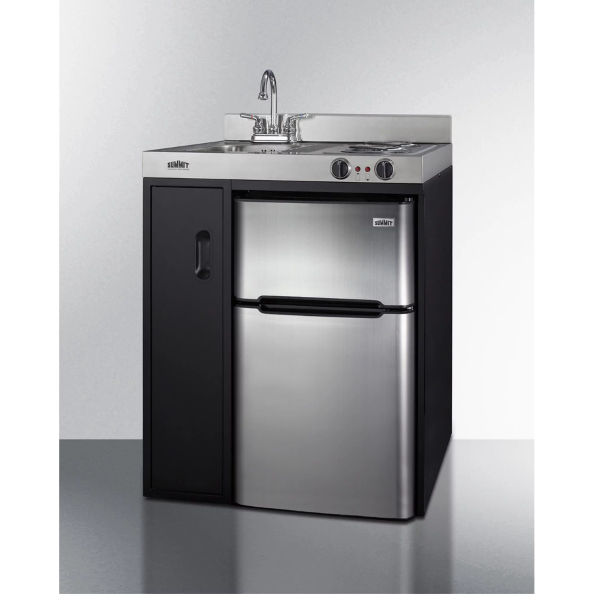 30" wide all-in-one kitchenette with 2-burner 115V coil cooktop, refrigerator-freezer, sink, and storage cabinet