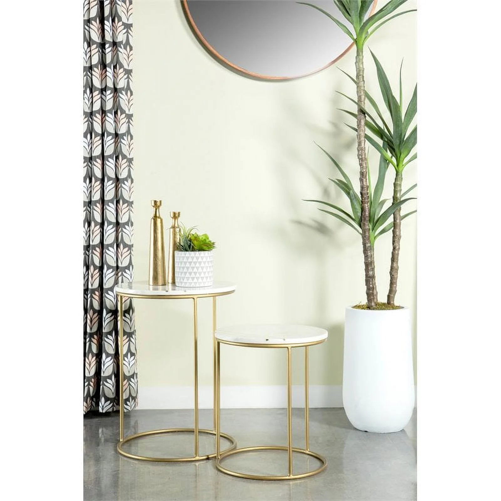 Pemberly Row 2 Piece Round Marble Top Nesting Tables in White and Gold