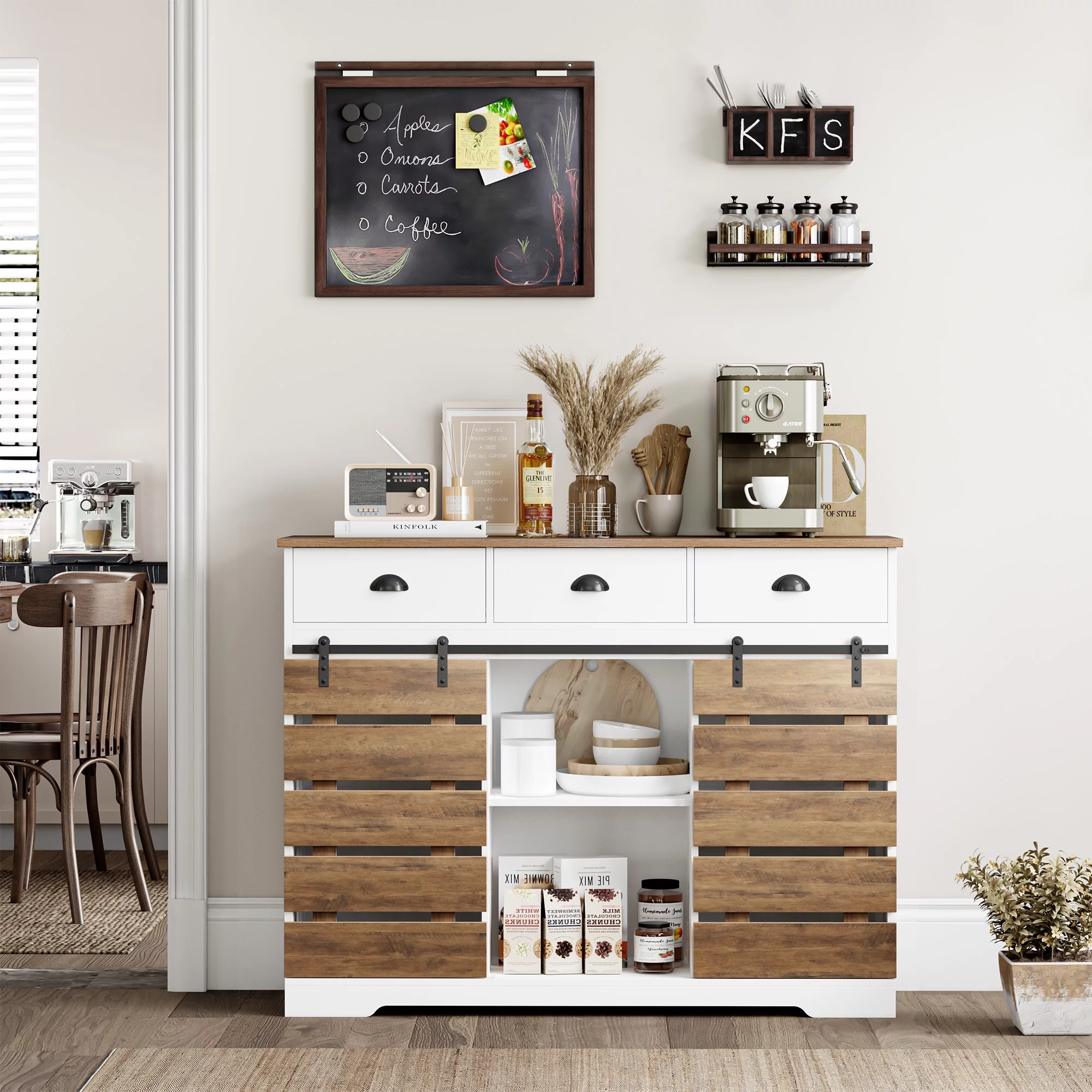 Homfa 47.2‘’ Kitchen Buffet Cabinet, 3 Drawers Farmhouse Coffee Bar Sideboard with 2 Sliding Barn Doors, White