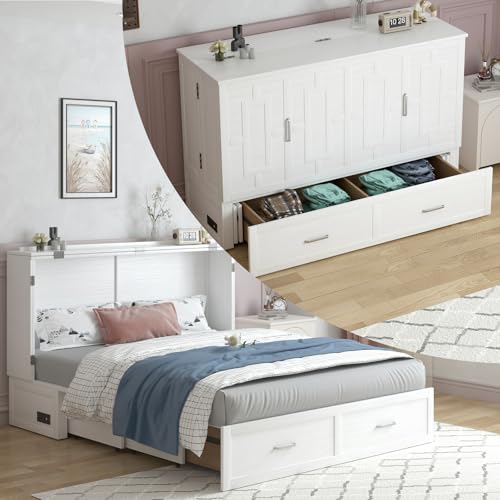 PUREMIND Queen Murphy Bed Cabinet with 2 Storage Drawers, Hideaway Murphy Chest Bed with Mattress, Cabinet Beds Wallbed with USB Charging Station for Bedroom, Guest Room