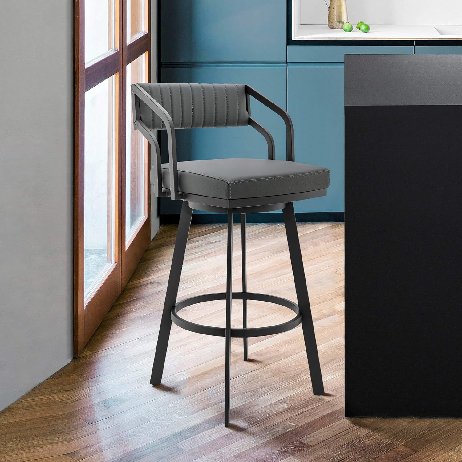 Armen Living Capri 26 Counter Height Swivel Barstool with Black Finish and Slate Grey Faux Leather