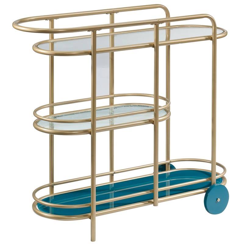 Pemberly Row Modern 3-Shelf Glass and Metal Bar Cart in Satin Gold