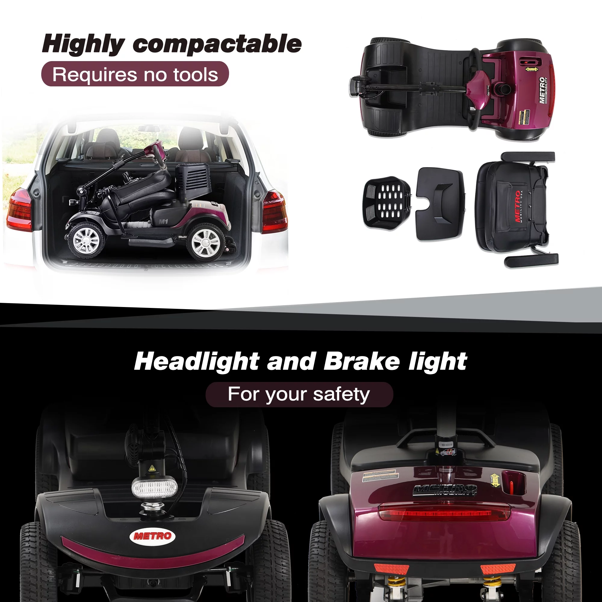 Travel Mobility Scooter, Heavy Duty Electric Scooters with 4 Anti-Tip Wheels, Compact Lightweight Mobility Scooters for Senior Adults Elderly, Foldable Mobility Scooter, Holds 300lbs, Purple