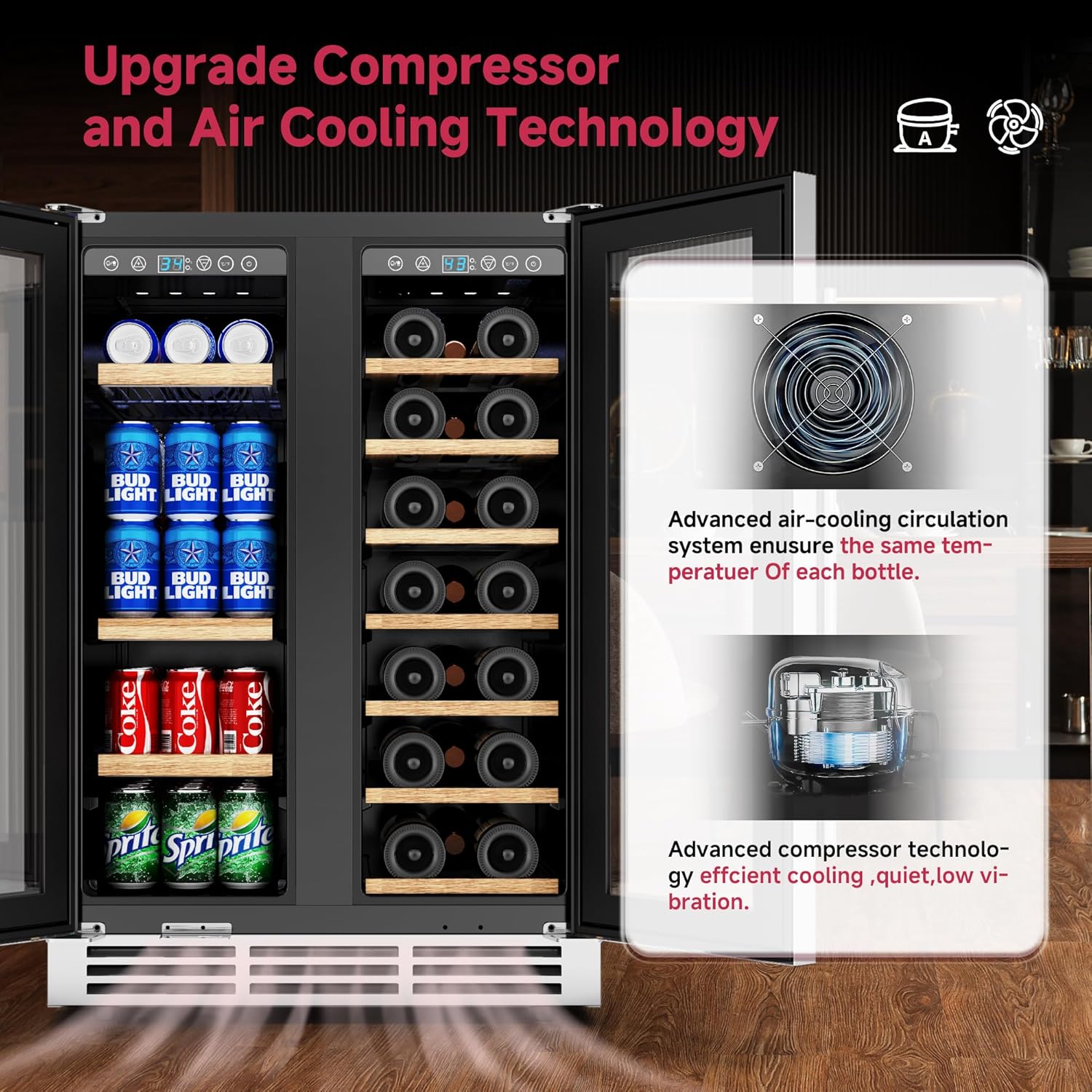 24" Wine and Beverage Refrigerator, Dual Zone Wine Cooler with Glass Door, Hold 88 Cans and 21 Bottles, Built in or Freestanding Under Counter Wine Fridge with Blue LED Light.