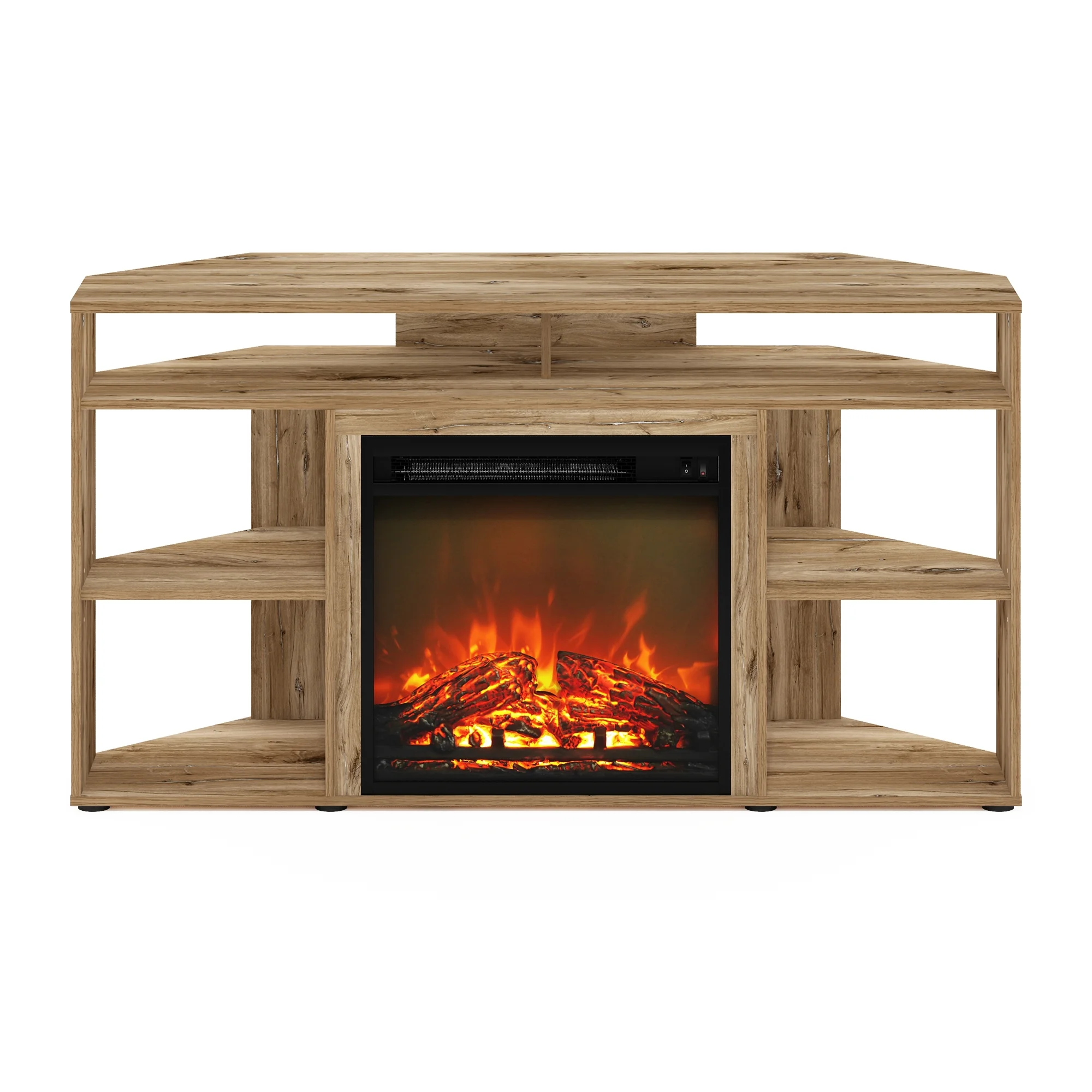 Furinno Jensen Corner TV Stand with Fireplace for TV up to 55 Inches, Flagstaff Oak