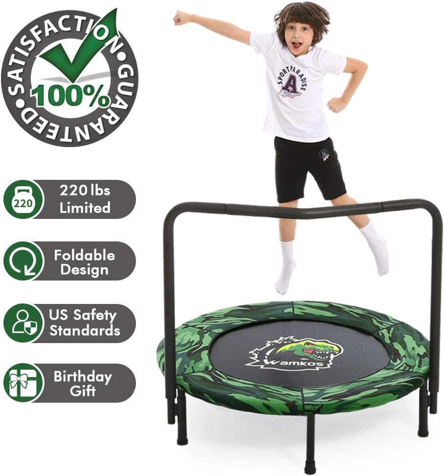2022 Upgraded Dinosaur Mini Trampoline for Kids with Handle, Foldable Kids Trampoline for Play & Exercise Indoor or Outdoor, Camo Safty Padded Cover Toddler Rebounder Trampoline for Jump Sports