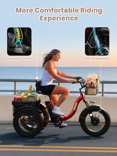 Electric Trike for Adults 960W Peak, 36V 15AH Battery Ebike 50 Miles Range with Large Rear Basket, Electric Trike 20" Fat Tire, Max 25MPH 3 Wheel Folding Electric Tricycle for Adults(Lava)