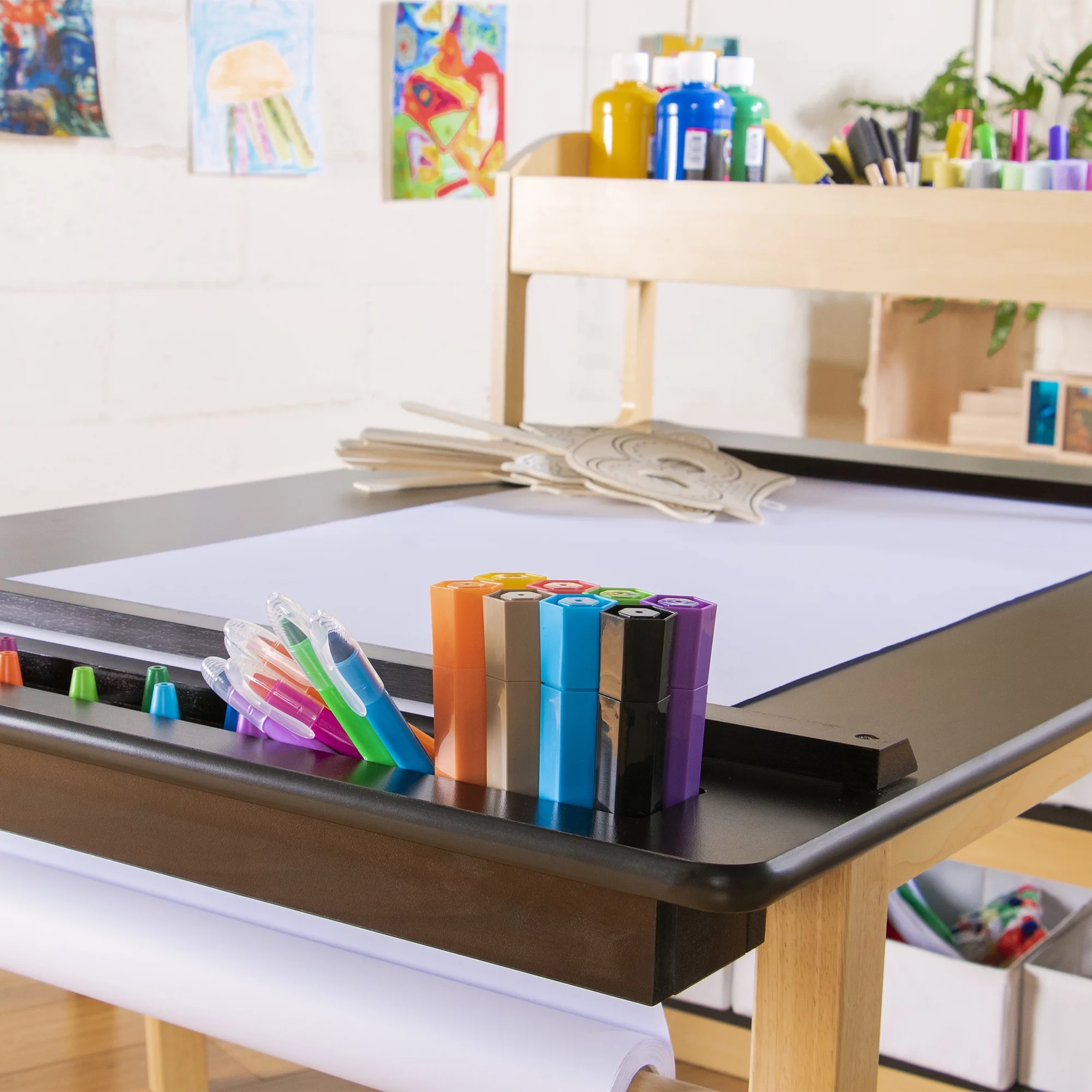 Guidecraft Deluxe Art Center: Drawing Desk and Painting Table for Kids, W/ Two Stools, Craft Supplies Storage Shelves, Canvas Bins, Paper Roll – Preschool Toddler Wooden Learning Furniture