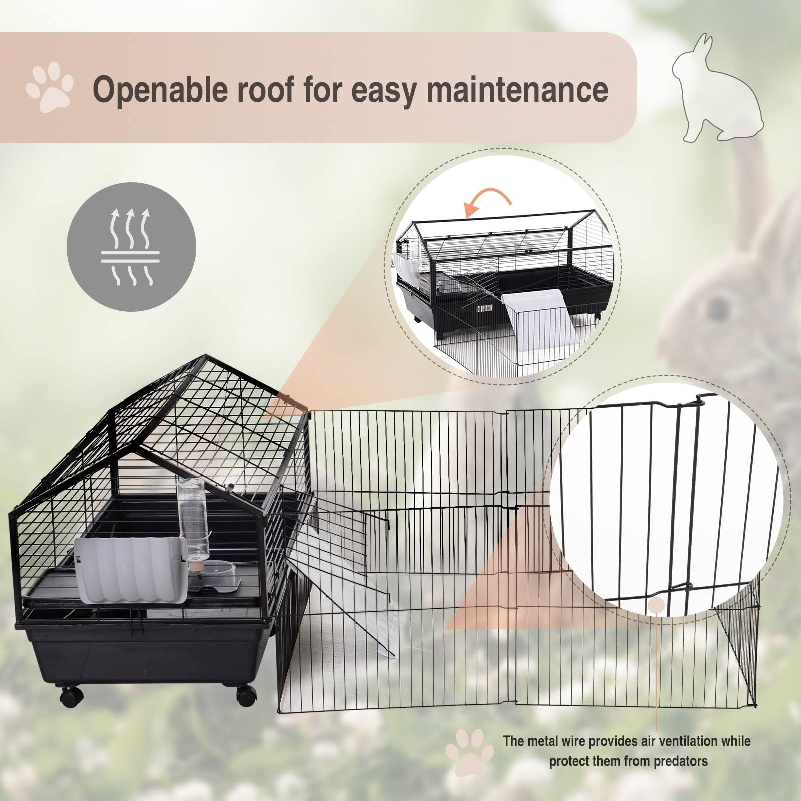 PawHut Rolling Metal Rabbit, Guinea Pig, or Small Animal Hutch Cage with Main House and Run, 47x22 L