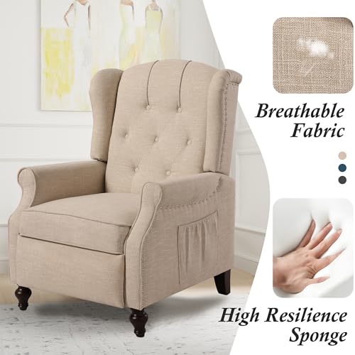 Wingback Recliner Chair with Massage and Heat, Tufted Fabric Pushback Recliner Chair, Wingback Chair with Remote Control, Padded Cushion, Wooden Legs, Small Recliners for Small Spaces