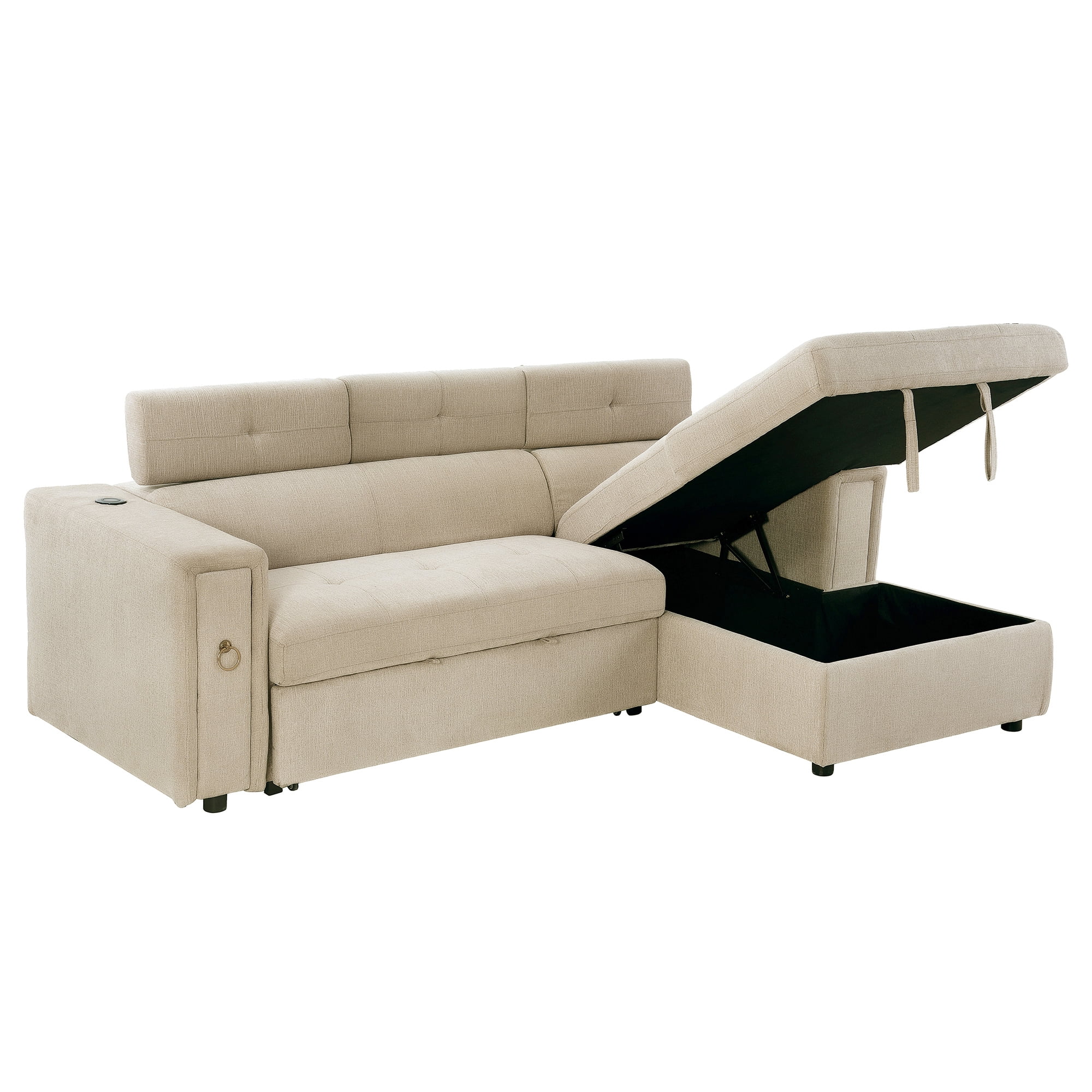 Soges 96" L-Shape Pull-Out Sofa Bed 3 Seat Sleeper Sofa with Adjustable Headrest, Wireless Charging, Cup Holders and Hidden Storage for Living Room, Bedroom, Office, Beige