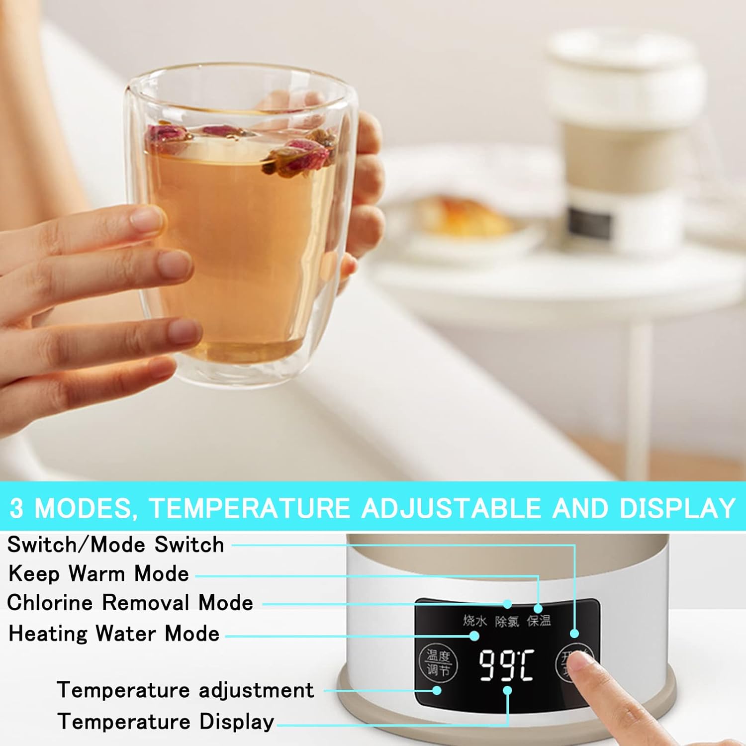 Portable Tea Kettle for Travel and Camping, Foldable Electric Kettle Small and Mini, Stainless Steel Collapsible Kettle with Temperature Control Concealed handle and Folding Cup, Dual Voltage
