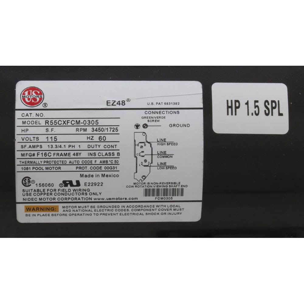 Waterway 1.5HP Hi-Flo Pump, 2 Speed, 115V, 48fr, Side DISCHARGE, 3420610-10