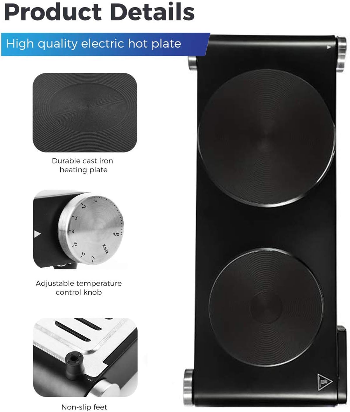 Cusimax Hot Plate Electric Burner Single Burner Cast Iron hot plates for cooking Portable Burner 1500W with Adjustable Temperature Control Stainless Steel Non-Slip Rubber Feet, Upgraded Version