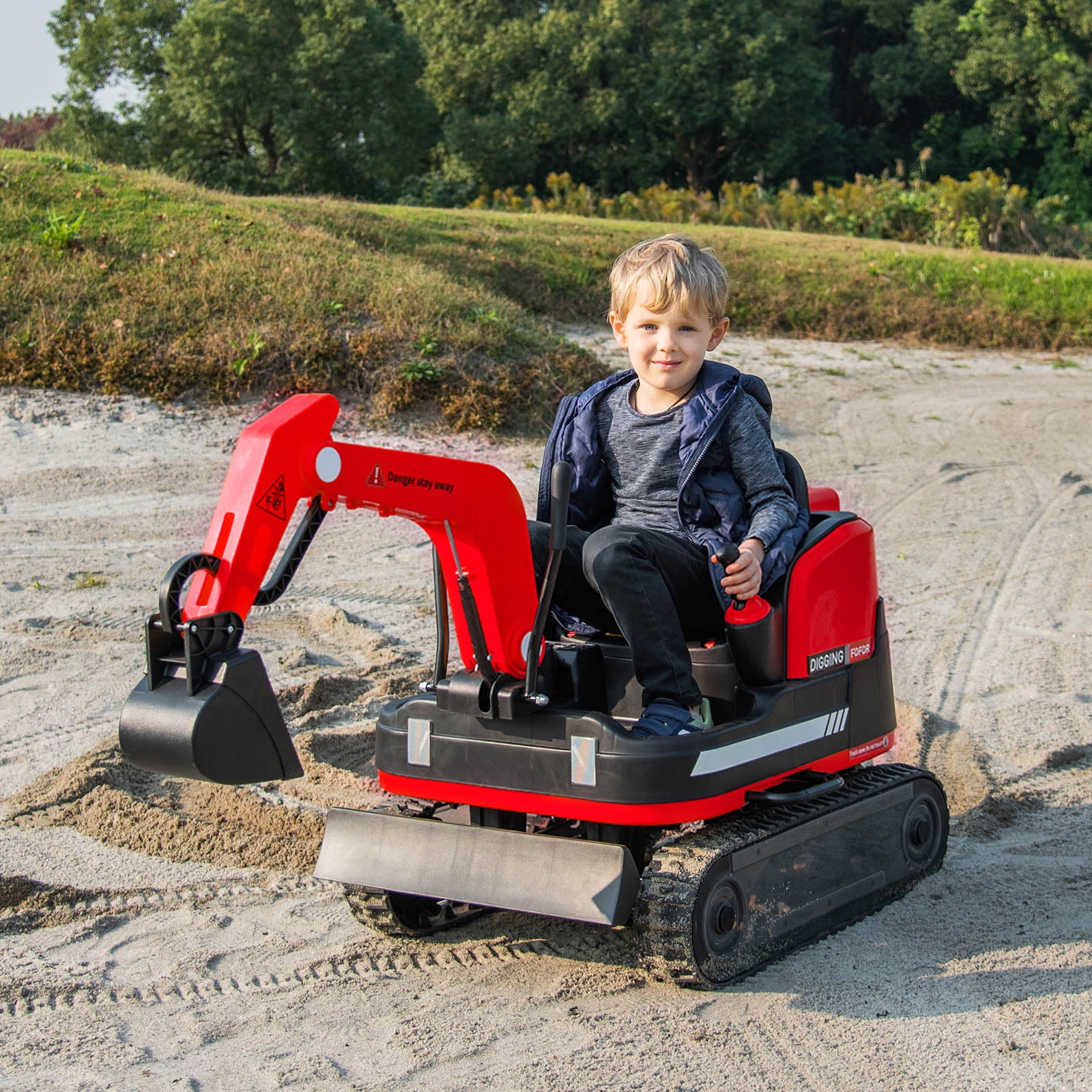 JOYLDIAS Kids 12V Electric 360 Degree Rotating Ride On Excavator and Bulldozer with Track Design Wheels, Remote Control, MP3, Toolbox (Red) - Curated Treasures Market