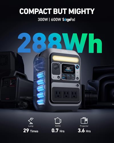 Anker SOLIX C300 Portable Power Station, Outdoor 288Wh LiFePO4 Battery, 300W (600W Surge) Solar Generator, 140W Two-Way Fast Charging, for Camping, Traveling, and Emergencies (with 60W Solar Panel)