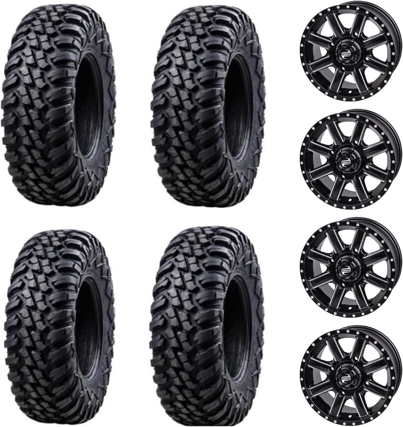 Tusk Racing Four 30x10-14 TERRABITE Heavy Duty 8-Ply Radial DOT UTV Tires mounted on CASCADE Wheels - For POLARIS applications 4/156 bolt pattern Includes Lug Nuts (4+3 Wheel Offset, Matte Black)