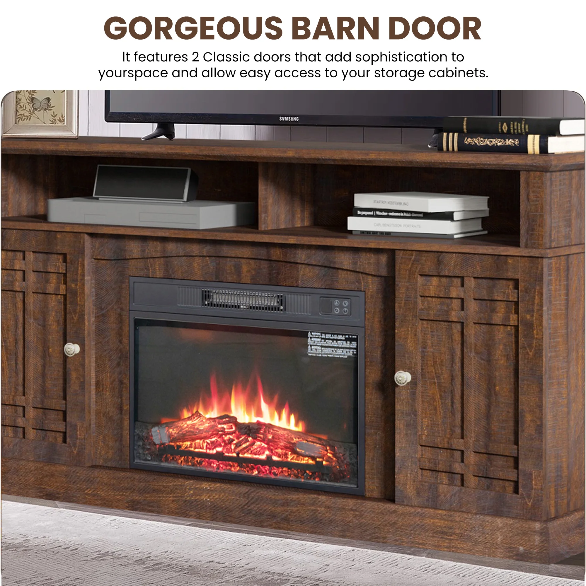 Aukfa Electric Fireplace TV Stand for TVs up to 60", Wood TV Console Cabinet, Brown