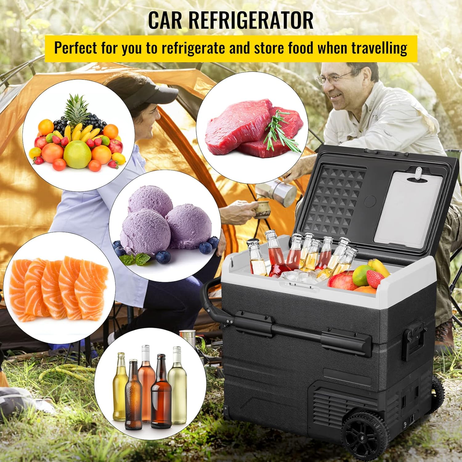 VEVOR 12 Volt Refrigerator 48Qt, Dual Zone Car Fridge Freezer w/App Control & Wheels 12/24V DC & 110-240V AC Electric Compressor Cooler for Truck Vehicle RV Boat Outdoor & Home Use, -4℉-68℉ Black