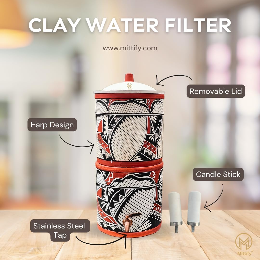 Earthen Clay Water Filter Dispenser with Metal Tap (Capacity - 20L), Natural Filtration, Handmade and Eco-Friendly, Say Goodbye to Plastic Bottles with Sustainable, Indian Harp Design FIlter