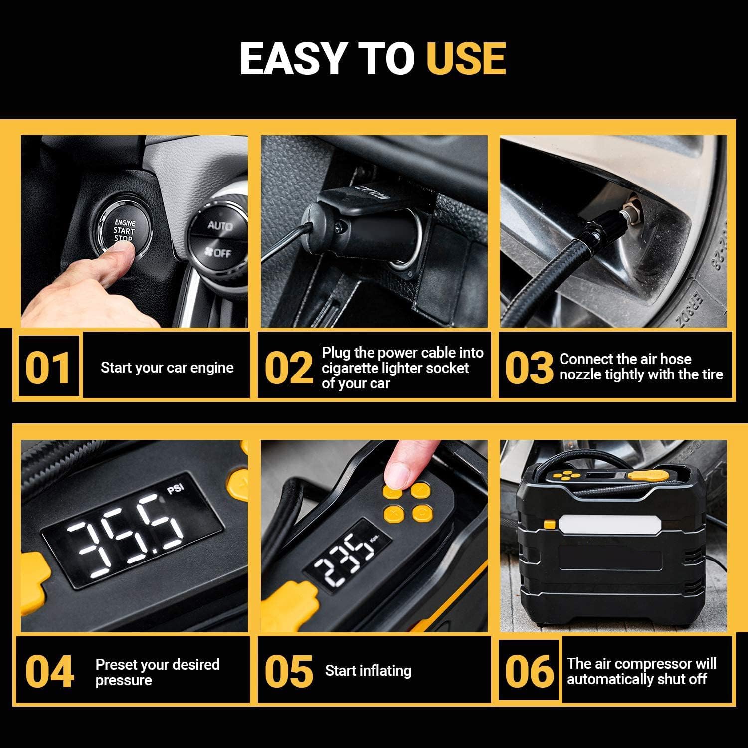 Car Tire Inflator 12V DC Portable Air Compressor with 3 LED Lights | Yellow 2Pcs