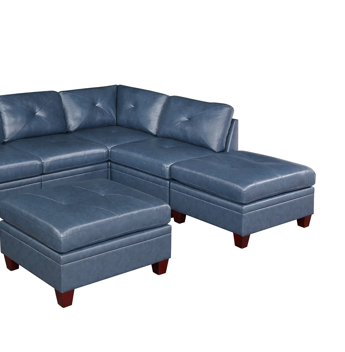 Ink Blue Top Grain Leather 7pc Tufted Sectional Sofa Contemporary Living Room Furniture Wedge Ottoman Armless Chair Couch