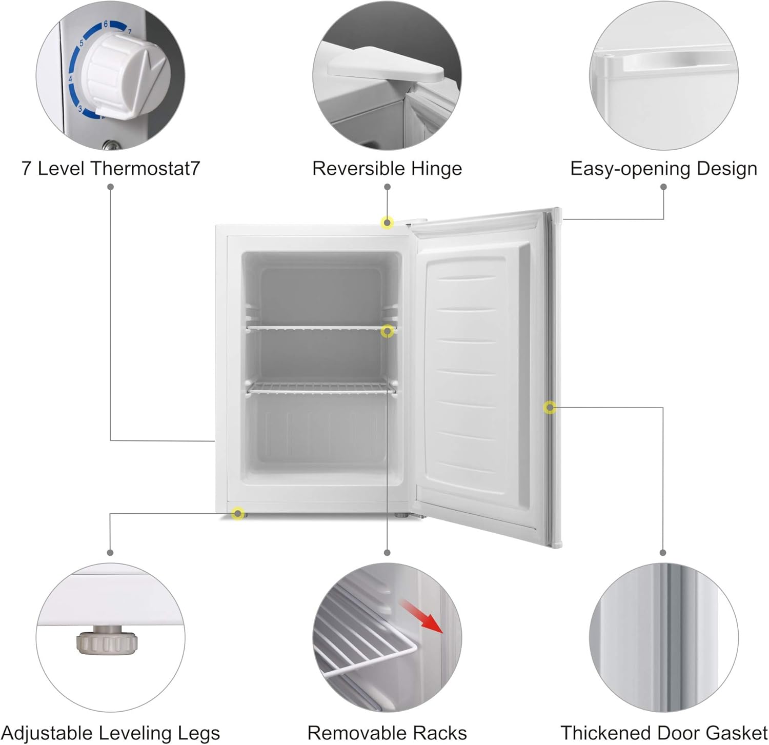 Joy Pebble Free Standing Upright Freezer with Removable Shelf, Adjustable Thermostat, Compact Reversible Single Door Vertical Freezers for Home/Hotel/Apartment/Office (2.1 cu.ft, white)