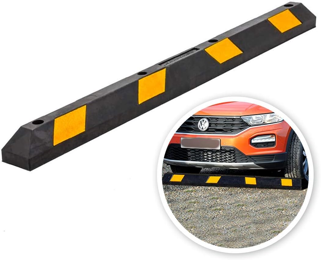 Zento Deals Rubber Parking Curb Garage Car Stopper - Parking Wheel Stopper Block 72” Wide Easy to Install, Black/Yellow Reflective Parking Block; for Car, Truck, Trailer and RV Pack of 2