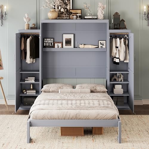 KLMM Wooden Murphy Bed Wall Bed with 2 Wardrobe and Storage Shelf,Foldable Platform Bedframe for Guest-Room Bedroom Study Office Use (White#E, Full)