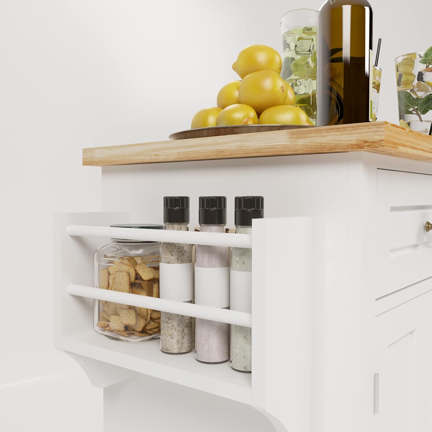 soges Rolling Kitchen Island Cart with Storage, Wood Trolley Cart with Spice and Towel Rack, Mobile Kitchen Storage Cabinet Island Table on Wheels, Serving Cart with Cabinet and Drawers,FZSR-HT01WT