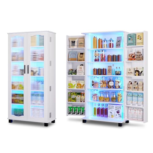 FOMNEY Kitchen Pantry Cabinet with LED Lights