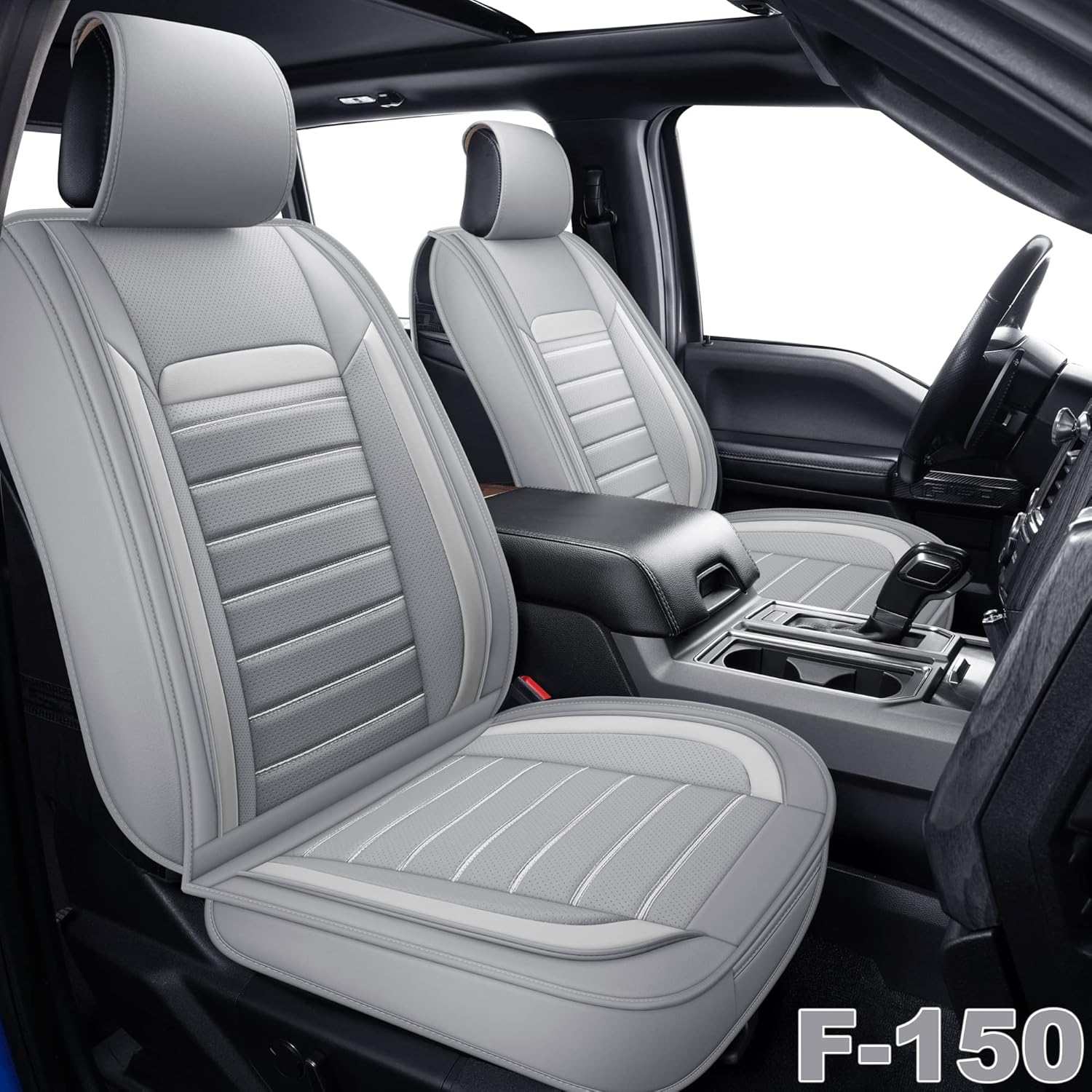 AOOG F150 Leather Car Seat Covers Full Set, Faux Leather Automotive Pickup Truck Seat Covers Fit for 2015-2022 F150 and 2017-2022 F250 F350 F451, Gray
