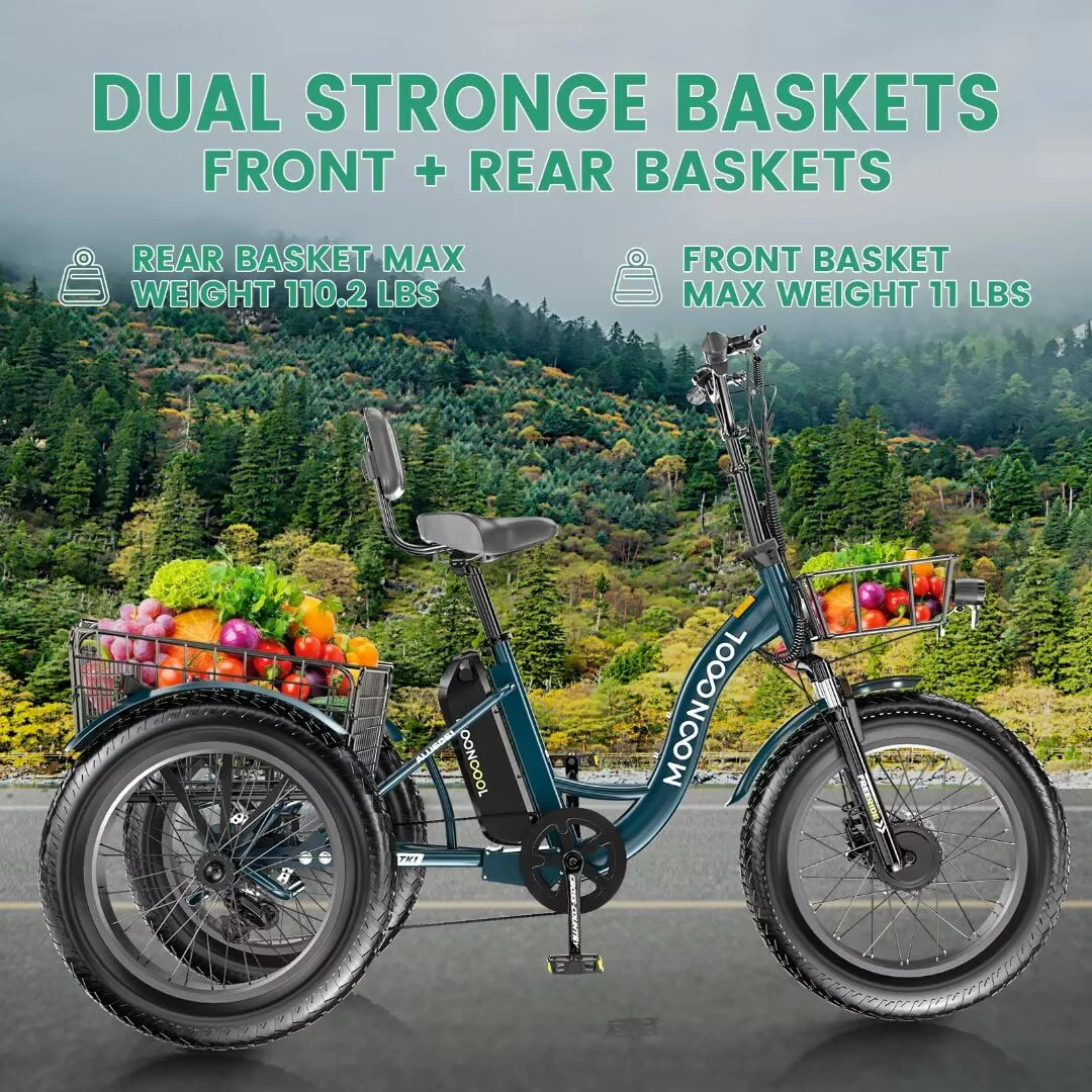 NAIZEA 20 Electric Trike Tricycle for Adults, 7 Speed Fat Tire Electric Trike, 3 Wheels Bike for Adults with Front and Rear Baskets, Lithium Battery UL Certified
