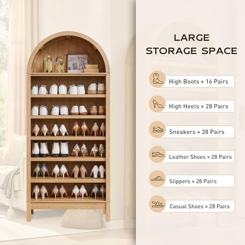 71" Tall Arched Bookshelf, 7 Tiers Arch Bookcase with Storage, Modern Farmhouse Book Shelf with Adjustable Shelves, Wood Bookshelf w/Open Display Shelves for Living Room, Office (Natural)