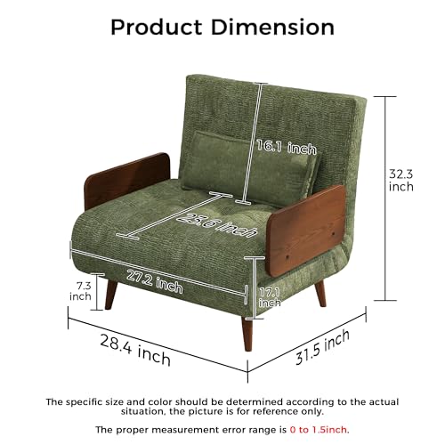 3-in-1 Convertible Chair Bed Sleeper for Adults, Linen Convertable Sleeper Chair with Wooden Arms & Pillows, Foldable Single Futon Sofa Bed (Mid Century with Walnut Arm, 36.6" Wide)