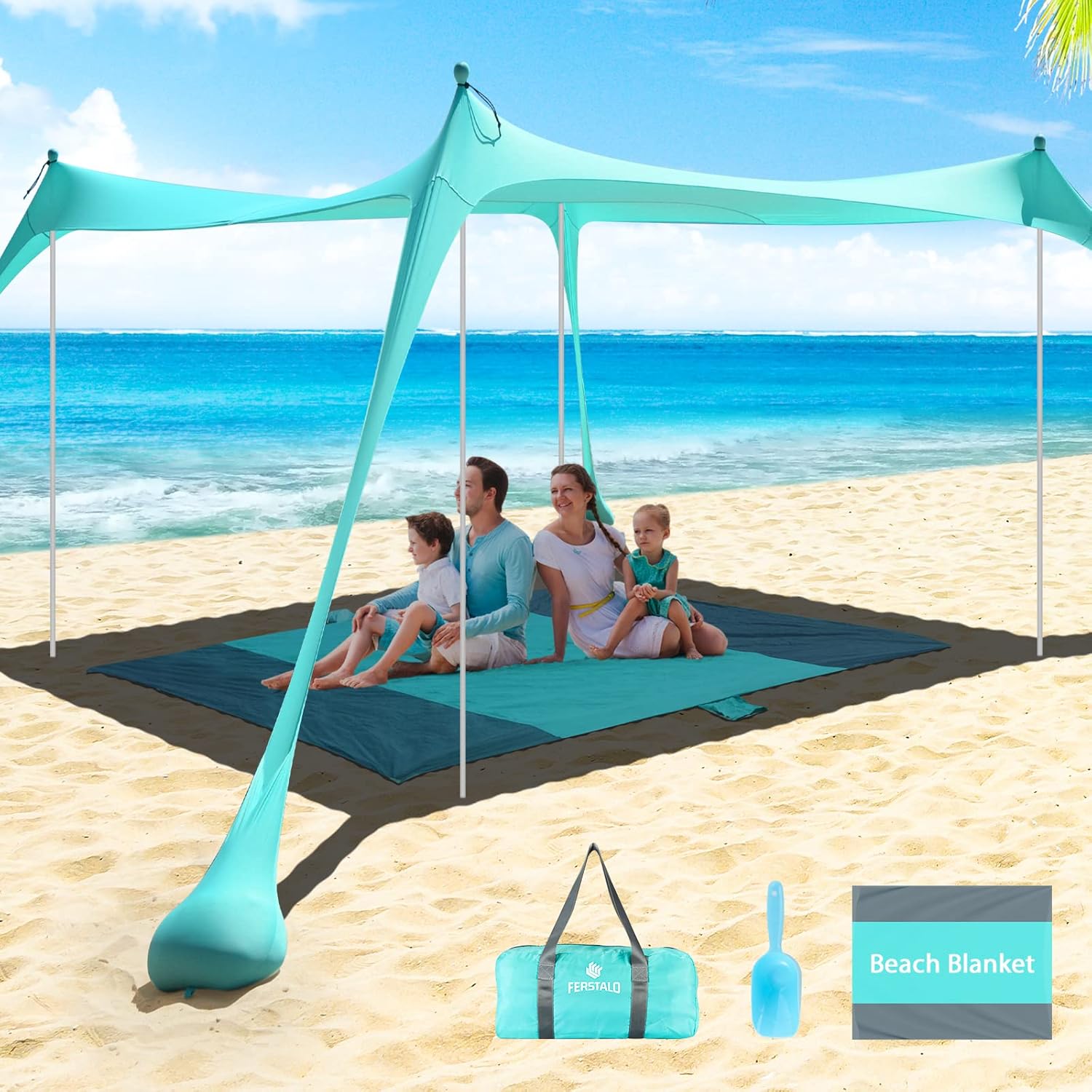 Family Beach Tent Sunshade UPF50+, 10x10 FT Pop Up Sun Shelter with Floor Mat, 4 Stability Poles, Carrying Bag, Sand Shovel, Portable Beach Shade Canopy for Camping Trips, Fishing, Picnics, Backyard