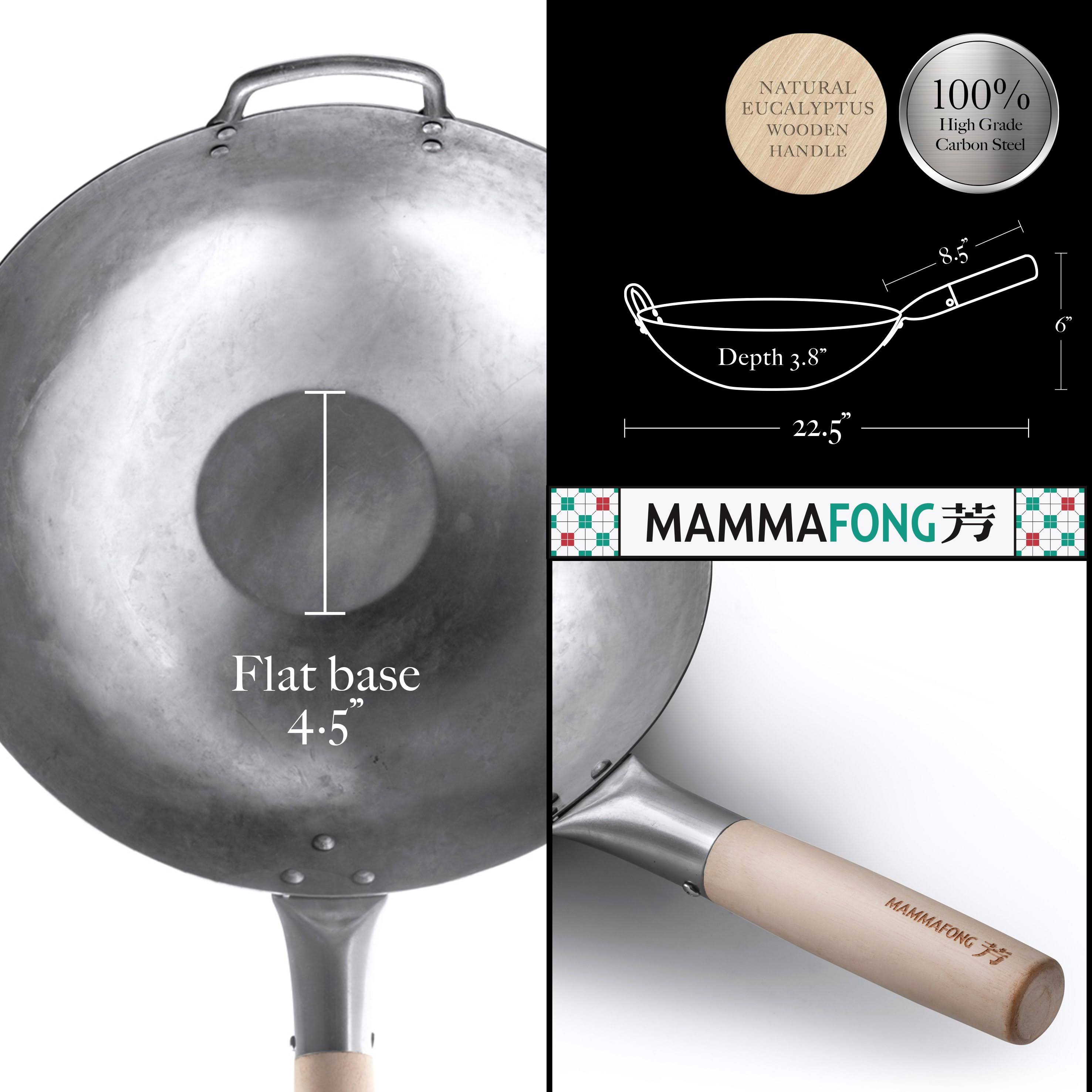 Flat Bottom Wok, Traditional Hand Hammered Wok, 14 inch Carbon Steel Chinese Pow Wok by Mammafong