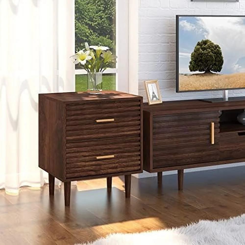 Nightstands Set of 2 End Table with 2 Drawers  Bed Side Table for Bedroom  Mid Century Modern Side Table with  Vintage Wood Accent Table for Living Room  Rustic Brown (2 Pack)