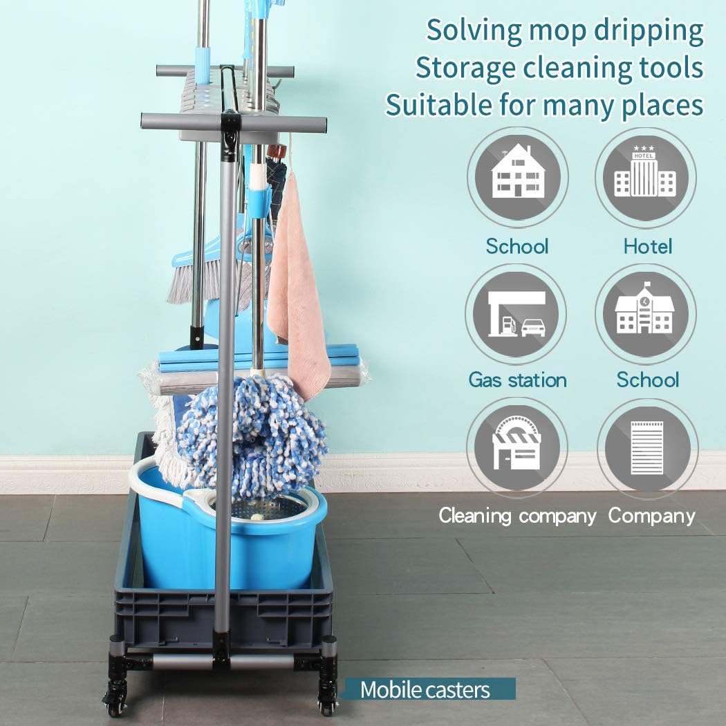 QTJH Broom And Mop Holder Put Wet Mops Movable Floor-Mounted Mop Rack Floor Standing Cleaning Tool Cart Storage For Garden Garage Schools, Hospitals, Factories, Hotels,Property Companies
