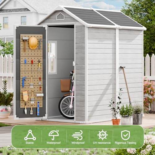 8x6x7 FT Resin Storage Shed, Waterproof Outdoor Storage Shed w/Floor, 2 Windows, Double Lockable Doors & Vents, Tool Shed for Patio Garden, Lawn, Backyard, Dove Grey
