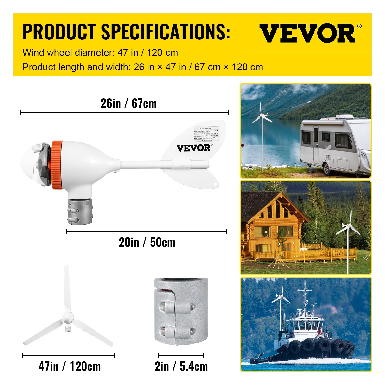 VEVOR Wind Turbine Generator, 12V/AC Wind Turbine Kit, 400W Wind Power Generator with MPPT Controller 3 Blades Auto Adjust Windward Direction Suitable for Terrace, Marine, Motor Home, Chalet, Boat